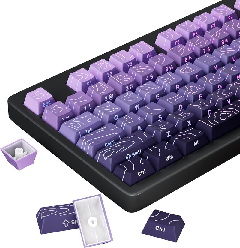FunHub Shine Through PBT Keycaps - Purple Gradient Topographic Backlit Keycaps Set 133 Keys 60 65 75 100 Percent Cherry Profile,Side Printed Double Shot RGB Key Caps for MX Switches Gaming Keyboard - Image 1